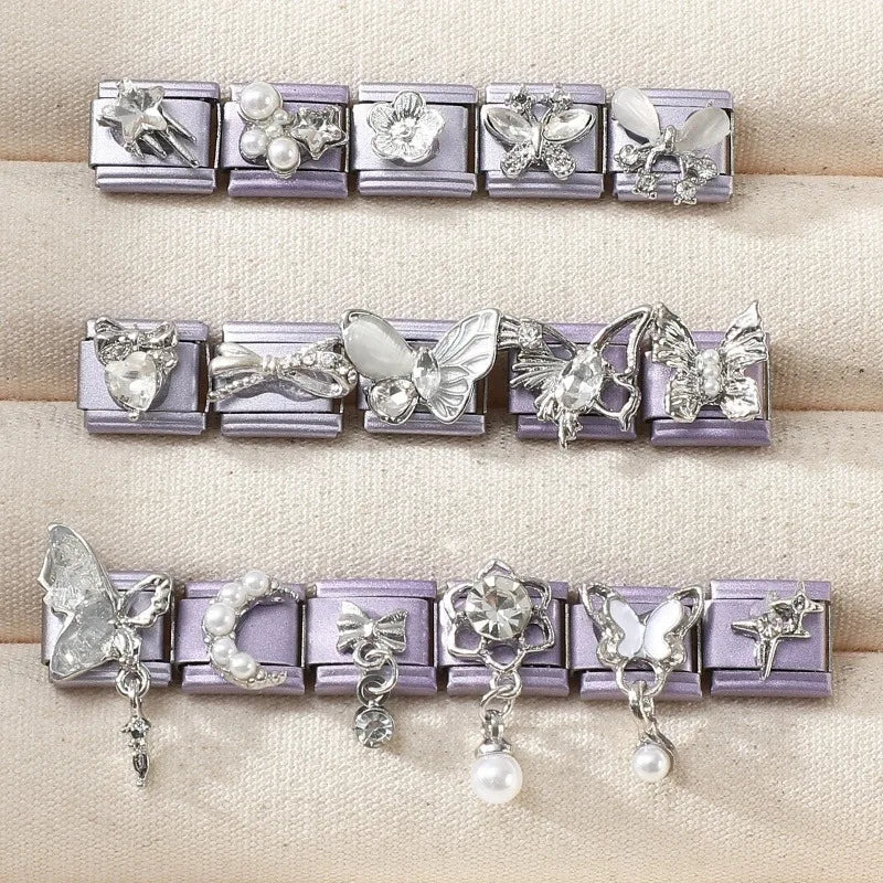 Shiny Zircon Butterfly Moon Stars Bow Purple Color Italian Charm Links Fit 9mm Stainless Steel Bracelet Women DIY Making Gift Qme