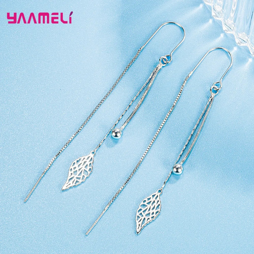 Fashion Jewelry 925 Sterling Silver Color Earrings Simple Leaf Tassel Long Box Chain Thread Pendientes Ear Decoration Ornaments Qme