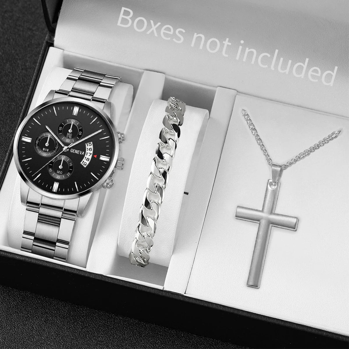 Classic Silver Tone Male Accessory Kit, Analog Chronograph Steel Band Watch with Thick Cuban Link Bracelet Cross Pendant Necklac Qme Silver Set No Box