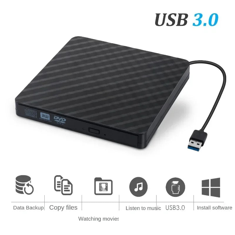 Black White Portable USB 3.0 External DVD Burner CD/DVD ROM CD RW Player Optical Drive Writer Recorder for Laptop Computer PC Qme