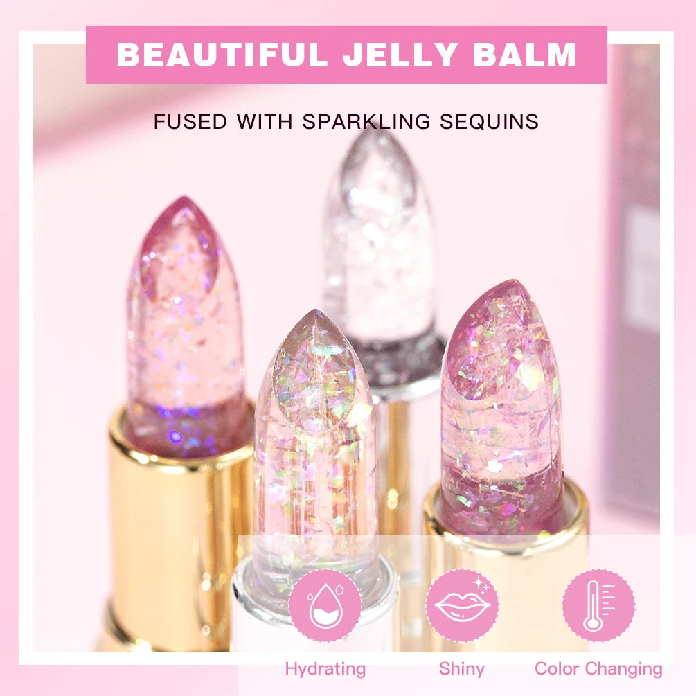 QIBEST Glitter Lipstick Lip Balm Color Change Transparent Moisturizing Crystal Jelly Pearlescent Lip Plumper Gloss Tint Cosmetic Qme