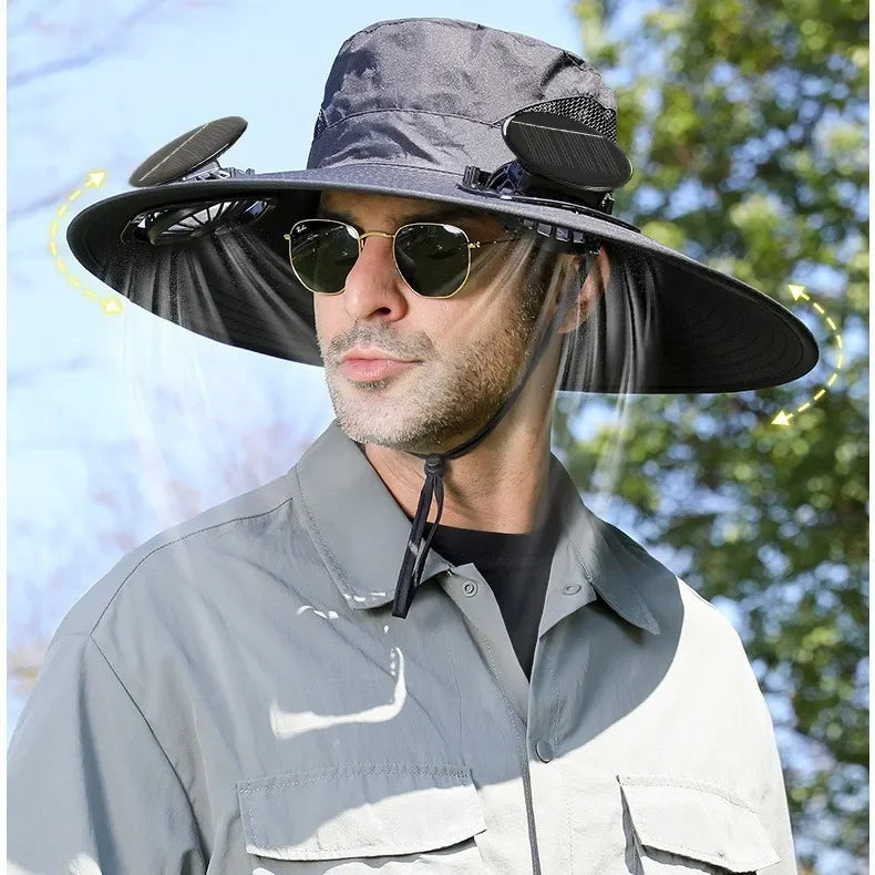 Summer USB Solar Energy 2 Fan Sun Hat Men Women Breathable Fishing CapSun Protection Mesh Fisherman Hat Hiking Outdoor Beach Cap Qme