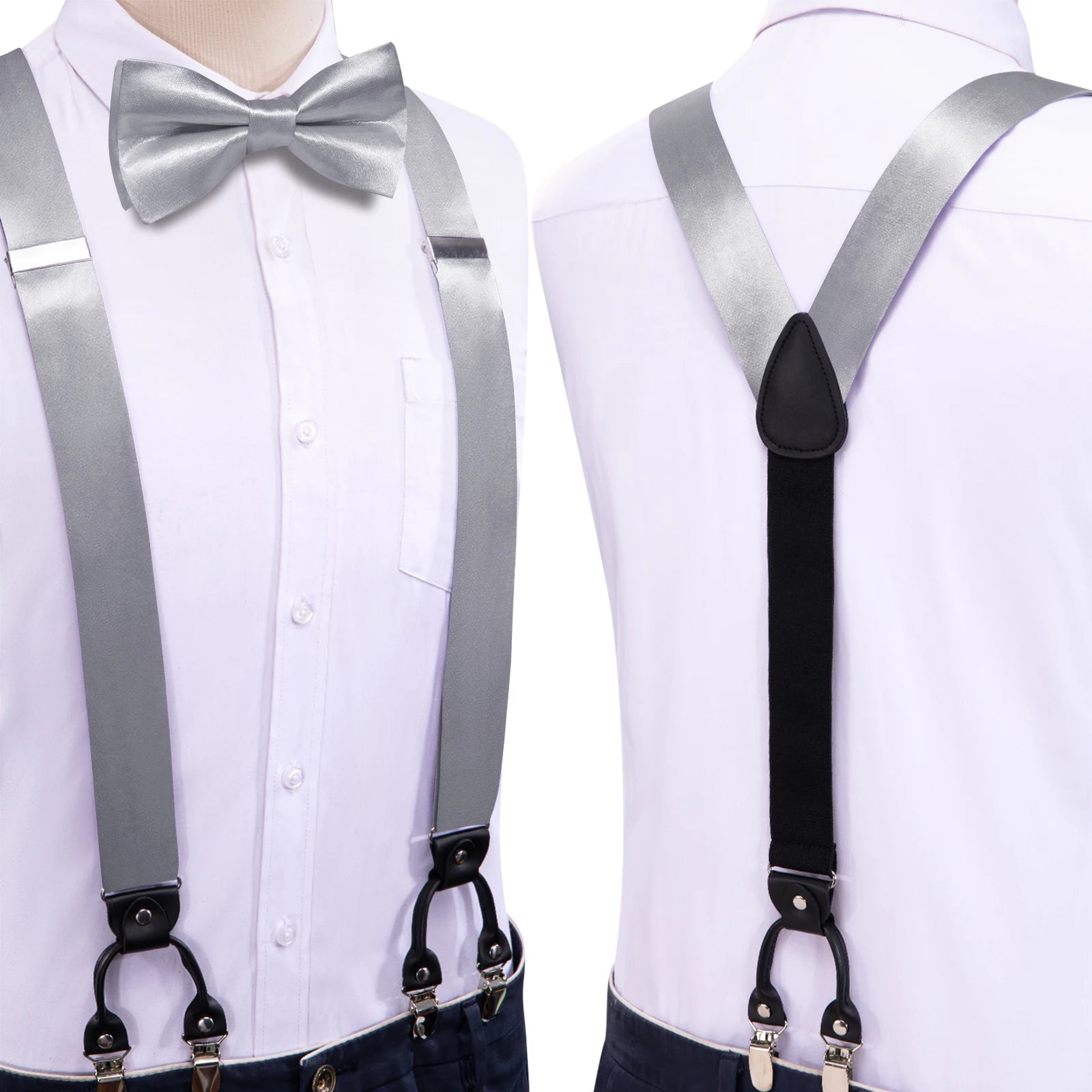 Hi-tie Silk Mens Braces Bowtie Hanky Cufflinks Y Back Clip Adjustable