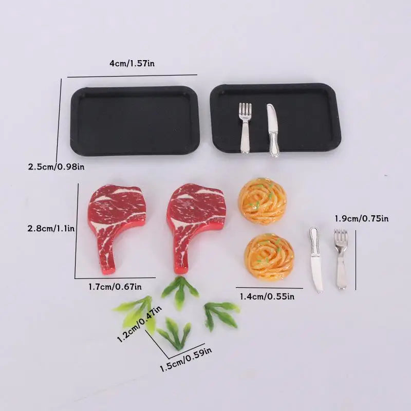 Simulated Steak Pasta Plate Knife Fork Model Dollhouse Kitchen Food Qme