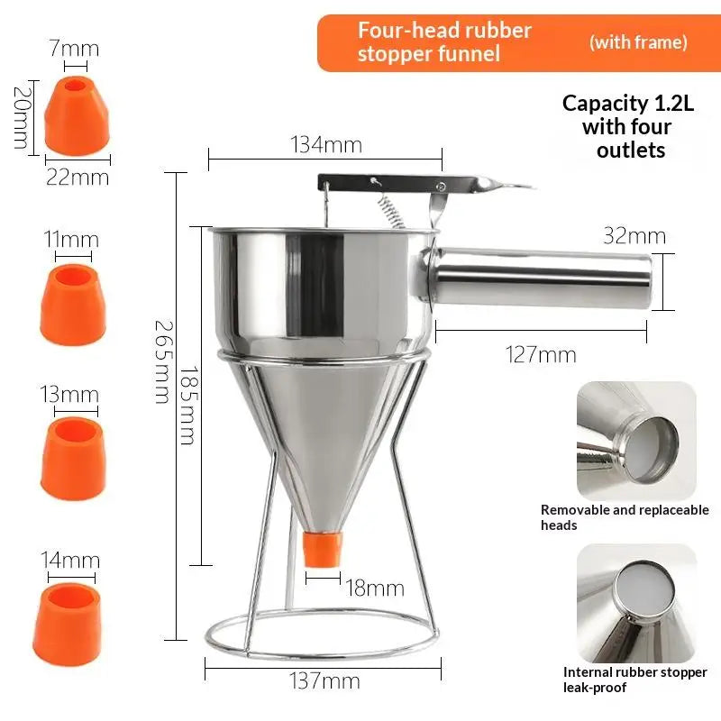 Stainless Steel Funnel Dispenser Rack Cupcake Pancake Batter Maker Qme 4 steel funnel