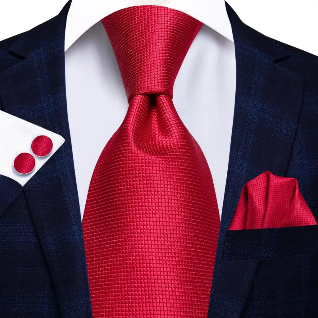 Hi-tie Designer Red Burgundy Plaid Wedding Tie Men Handky Cufflink Qme 0206