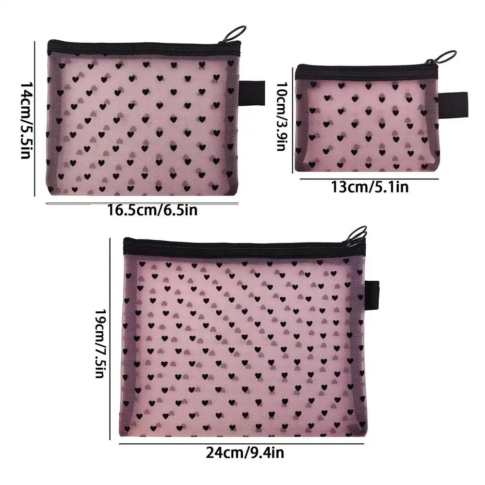 Makeup Bag Heart Print Mesh Portable Zippered Pouch Cosmetic Qme Pink China Mainland