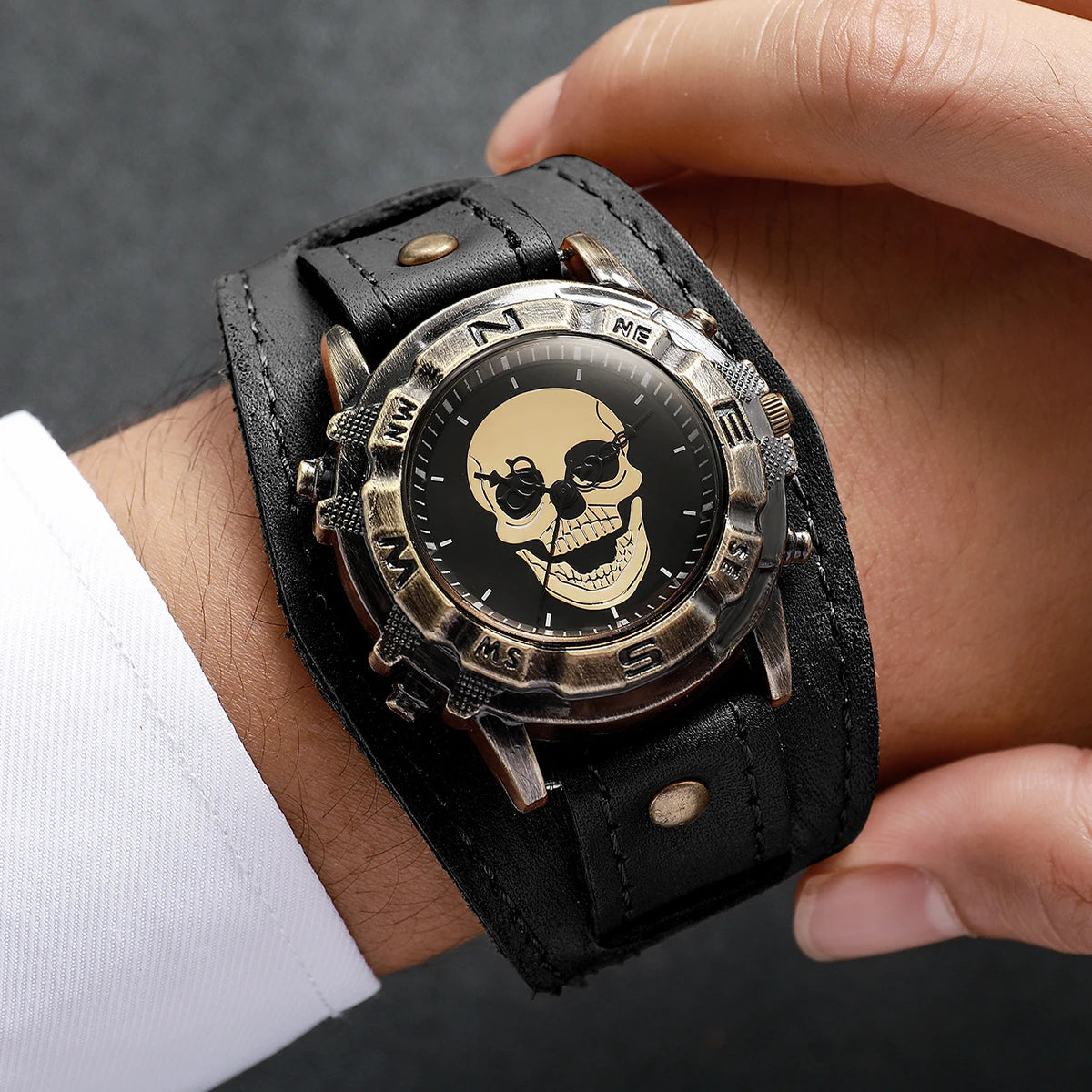 Vintage Skull Men Watch Wide Dark Brown Leather Strap Compass Bezel Punk Style Large Dial Quartz Wristwatch For Male Qme
