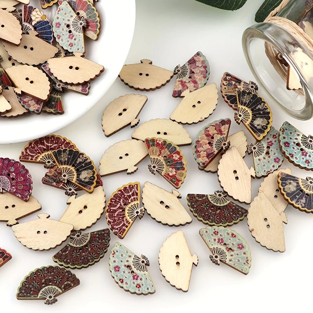 Vintage Fan-Shaped Wooden Buttons, Printed Wood Decorative Buttons For DIY Crafts Qme