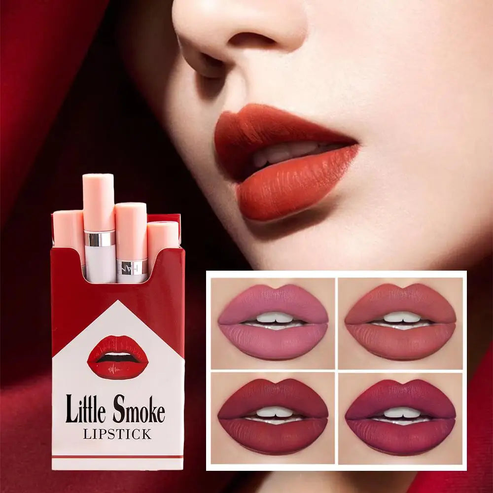 HANDAIYAN Set Of 4 Matte Lipstick Kit Cigarette Smoke Tube Lip Gloss Long Lasting Waterproof Nude Red Lip 24 Hour Lip Tint Stain Qme