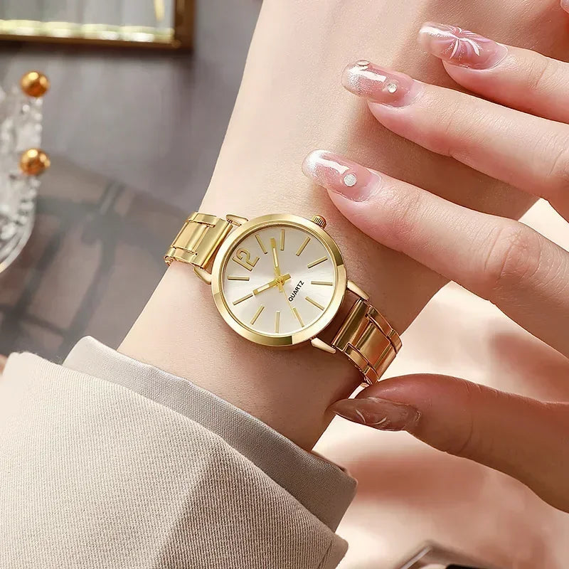 Relógio de pulso de quartzo redondo simples para mulheres, moda inoxidável, pulseira de ouro, relógios femininos, luxo, Qme