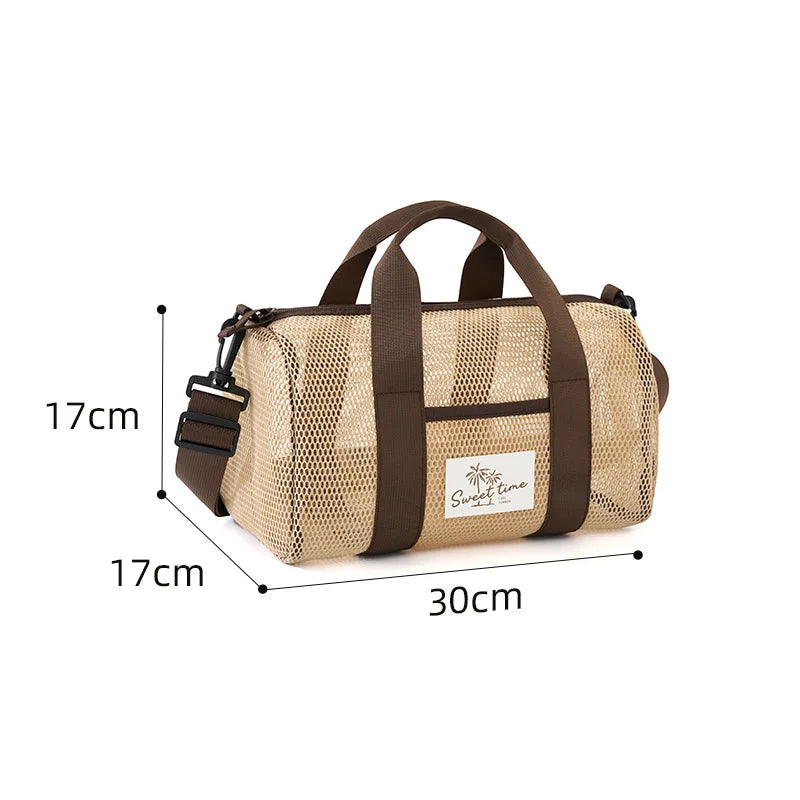 A Mesh Gym Beach Tote Bag Large Capacity Portable Handheld Travel Bag Swimming Swimsuit Storage Pouch for Outdoor Vacation Qme One shoulder khaki