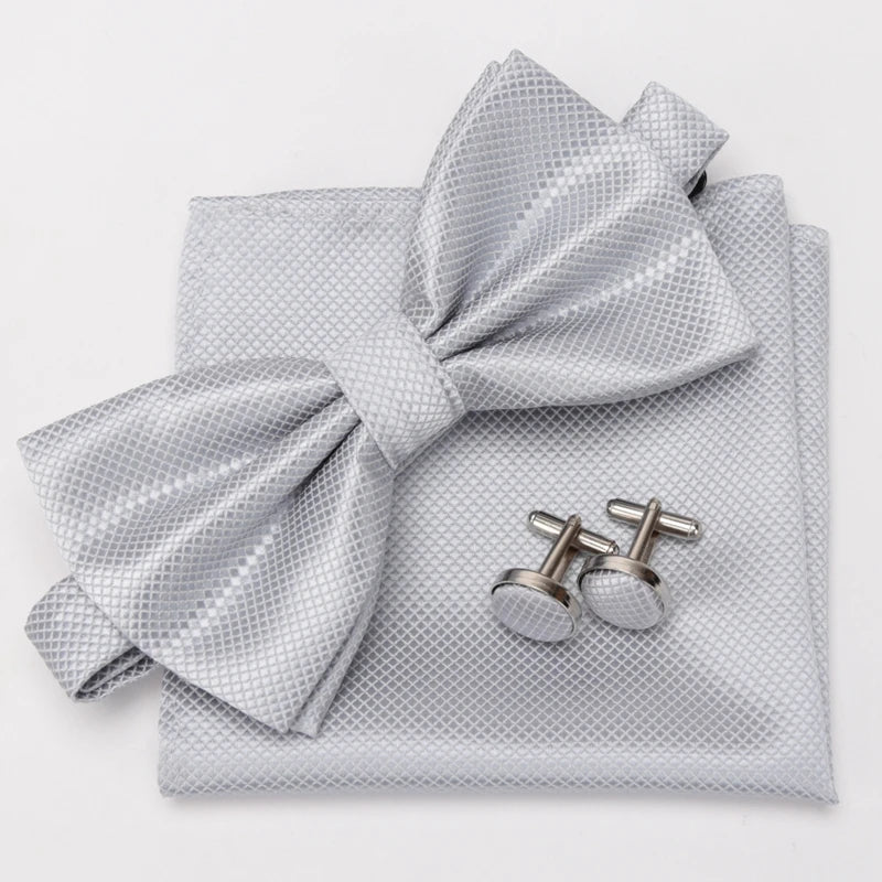 Men Bowtie Plaids Classic Fashion Wedding Party Formal Cufflinks Bow Qme Light Grey