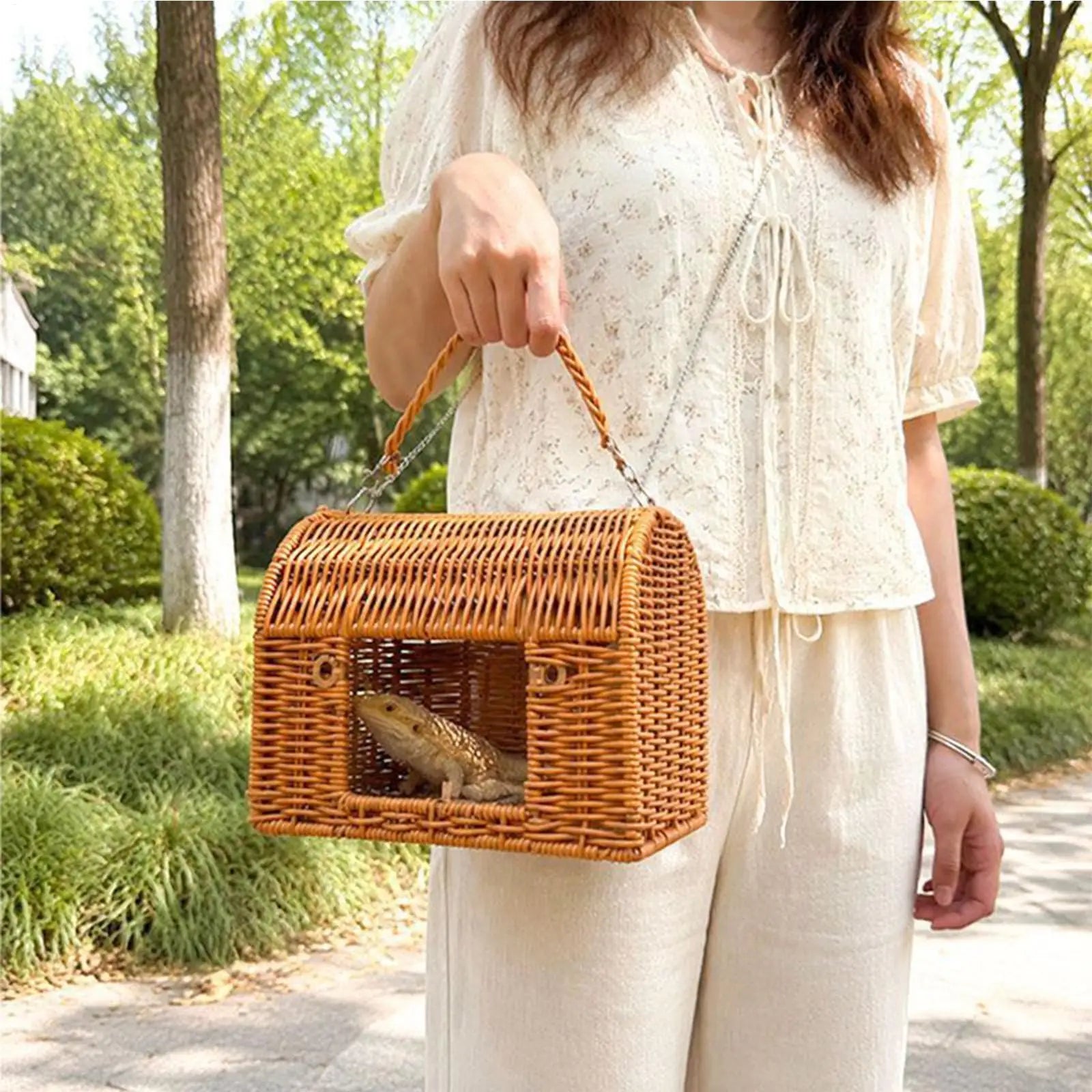 Reptile Carrier With Handle Sleeping House All Season Washable Rattan Bird Carrier Travel Cage For Lizard Leopard Gecko Spider Qme