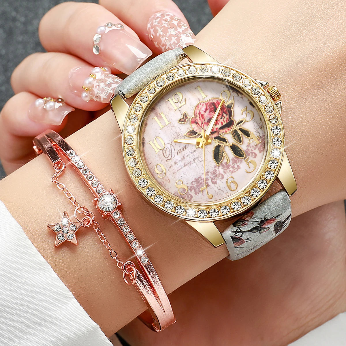 Sweet Dating Floral Print Leather Watch Set, 4-in-1 Marble Stone Charm Bracelets & Crystal Wristwatch Gift for Girls Qme Flower 2PC B No Box