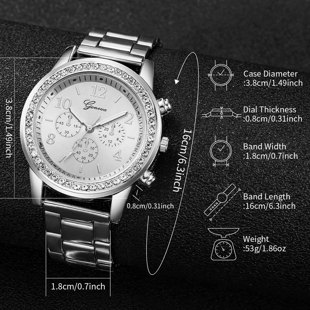 5PCS/Set Fashion Rhinestone Women's Watch Silver Alloy Band Analog Quartz Watches Bracelets Set Qme