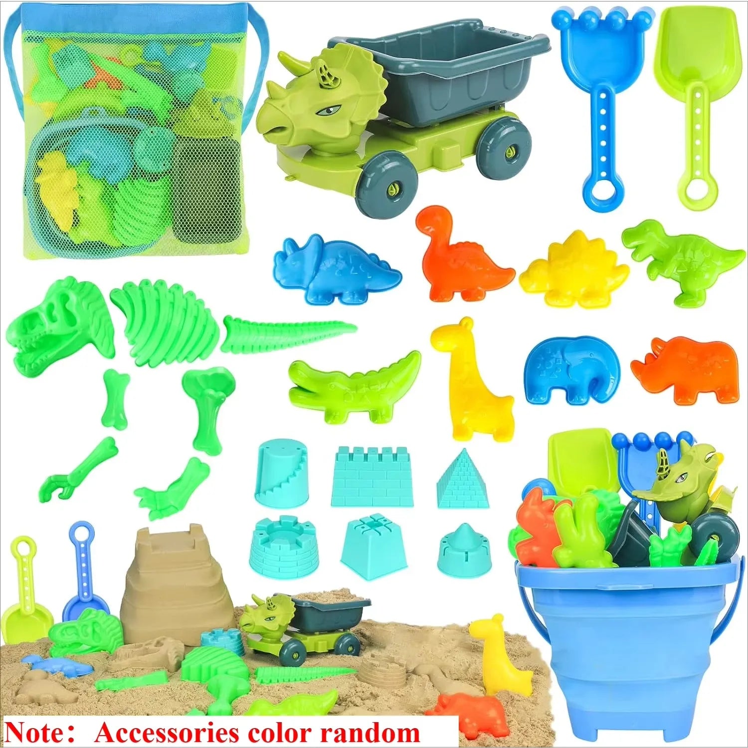 Beach Sand Toys for Kids Beach Toys Set with Ice Cream Cake Sand Molds Mesh Beach Bag Shovel Rake for Toddler Sandbox Outdoor Qme 26Pcs Green Dino