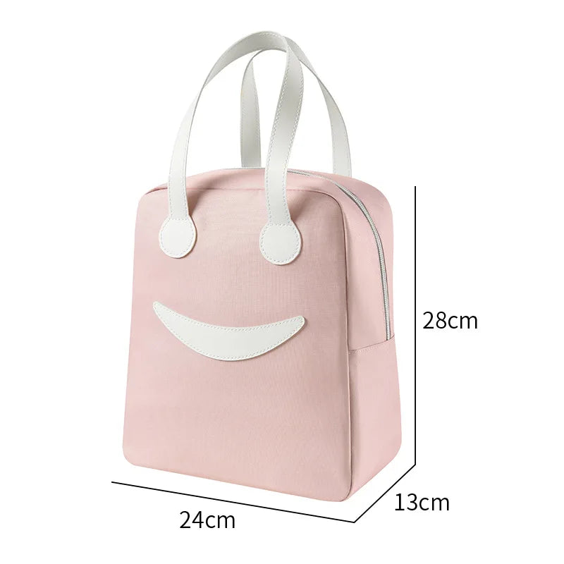 A Portable Cute Smile Lunch Bag Insulated Refrigerated Food Safe Girls Warm Food Picnic Office Student Zip Food Storage Box Qme Pink large