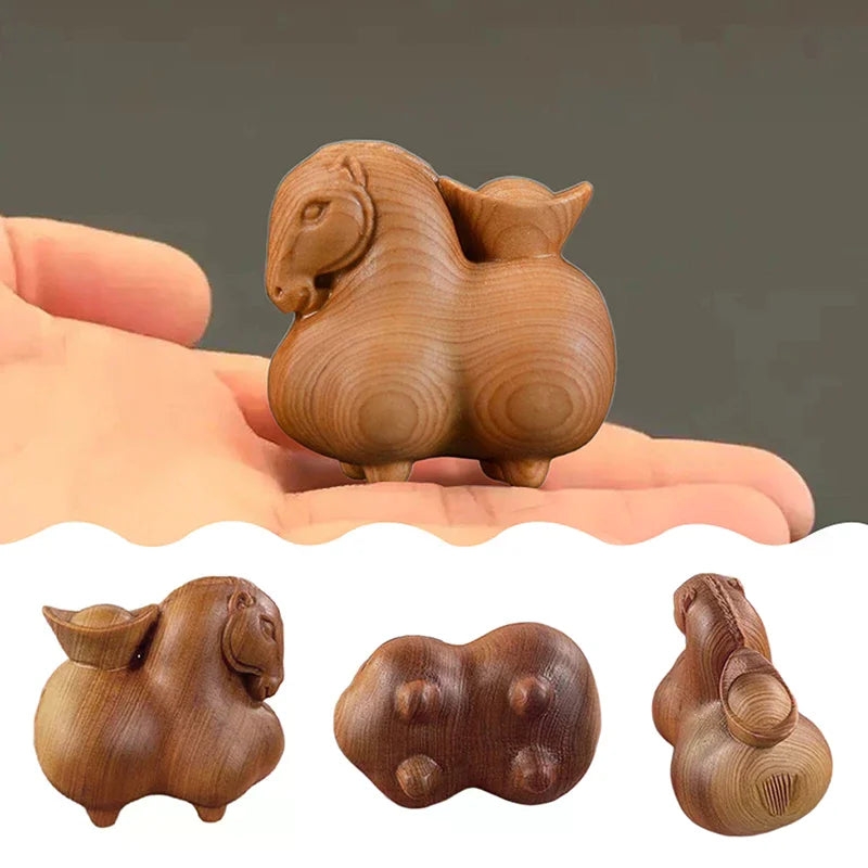 Handcrafted Wooden Horse Ornament Carved Design Chinese Zodiac Horse Statue Home Office Car Desk Decor 2026 New Year Qme