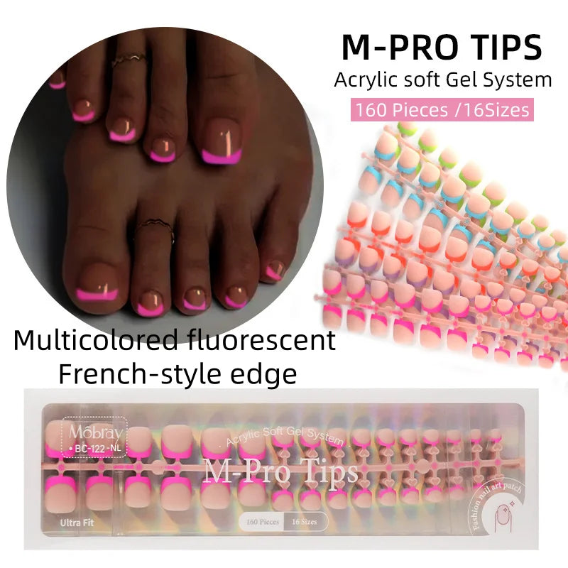 160pcs Fake Toe Nail Tips Pink French Short Square Full Cover Natural Artificial Acrylic Fake Press On Toenails For Nail Salons Qme fluorescent