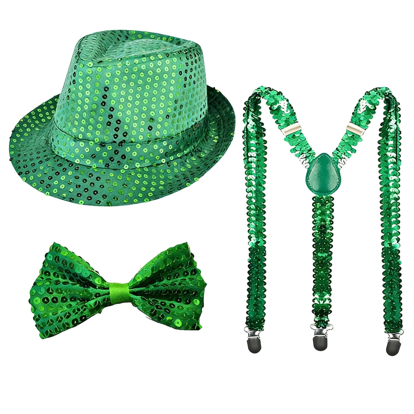 Performance Props Set with Sequined Hat Tie Gloves and Suspenders Party Wedding Boy Men Christmas Decor Carnival Ball Party Prop Qme Green