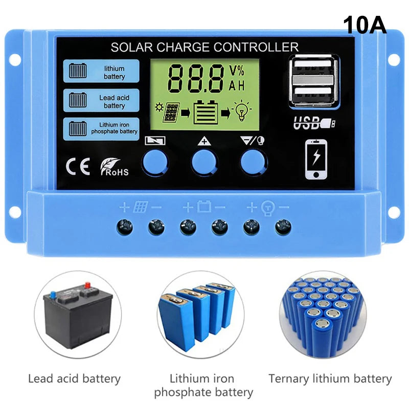 30A 20A 10A Solar Charge Controller 12V 24V Auto Solar Panel PV LCD Controller For Lead-Acid Battery, Lithium Battery Dual USB Qme 10A