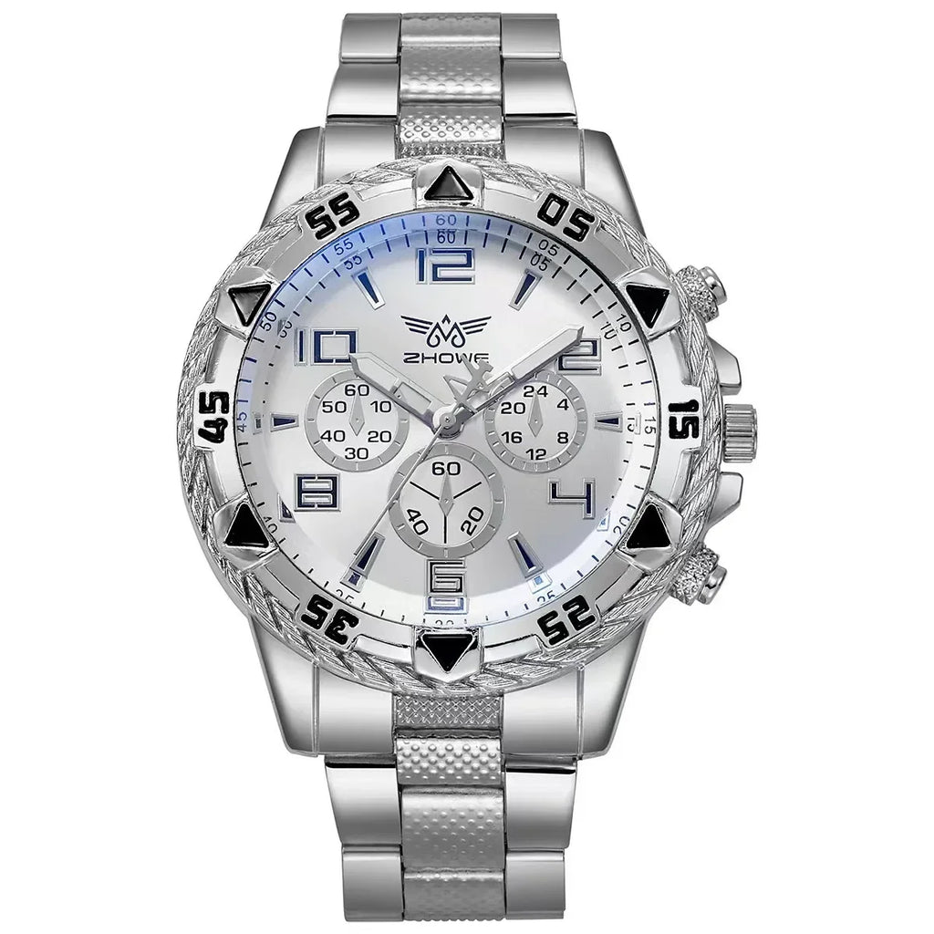 New Business Leisure Fashion Large Dial Alloy Steel Strip Blue Light Three Eye Men's Quartz Watch Qme