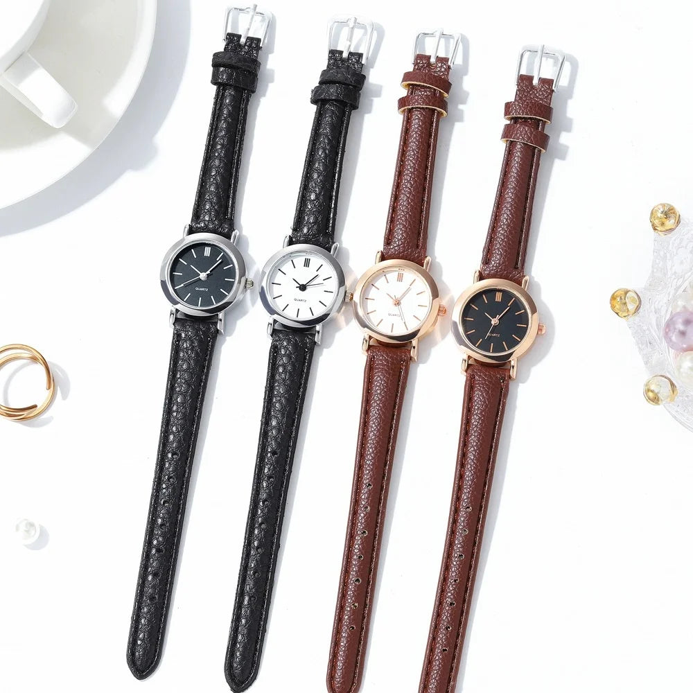 Minimalist White Dial Brown Leather Strap Women Quartz Watch Qme