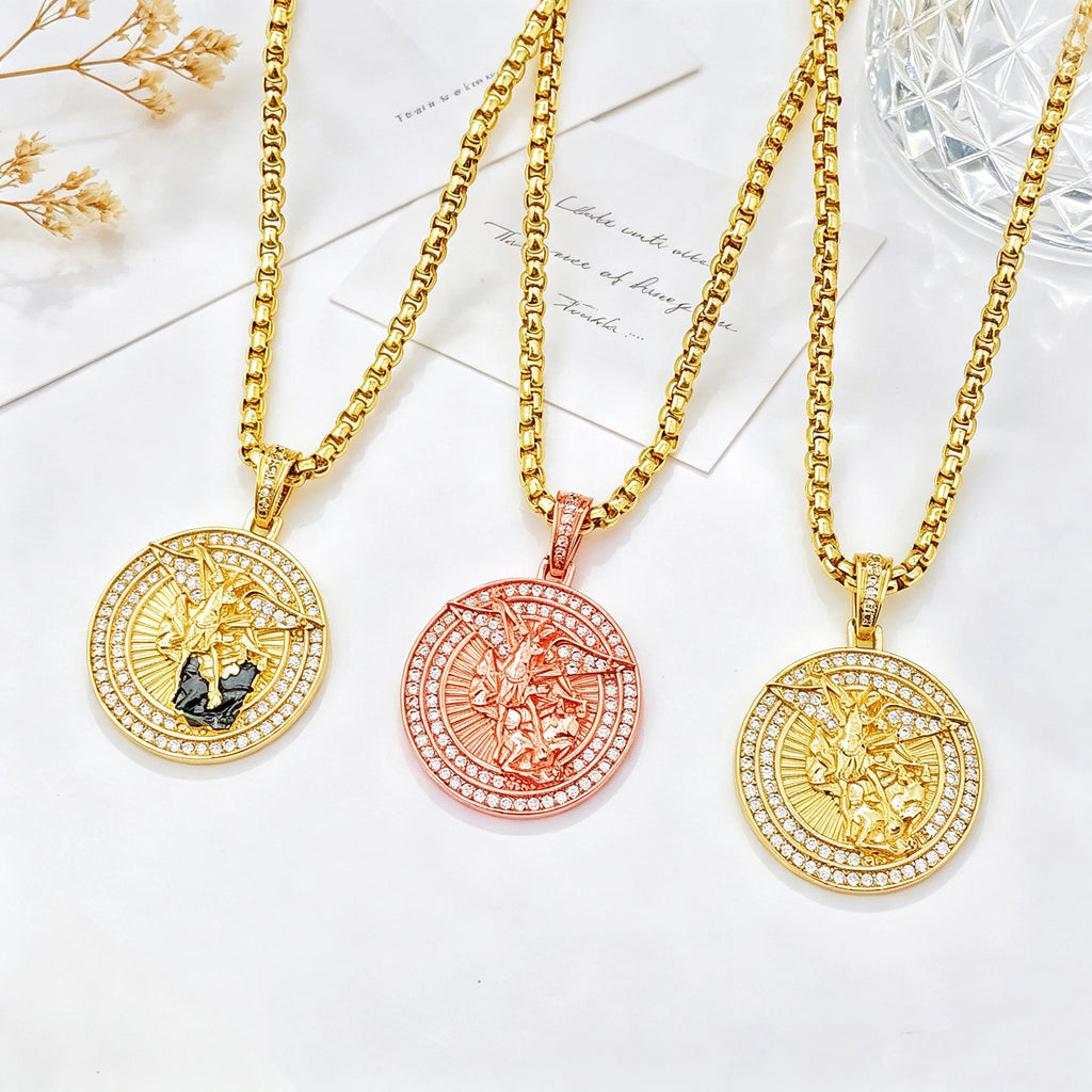 New Arrivals Medallion Religion San Miguel Archangel Zircon Necklace for Men Women Party Gifts Stainless Steel Choker Jewelry Qme