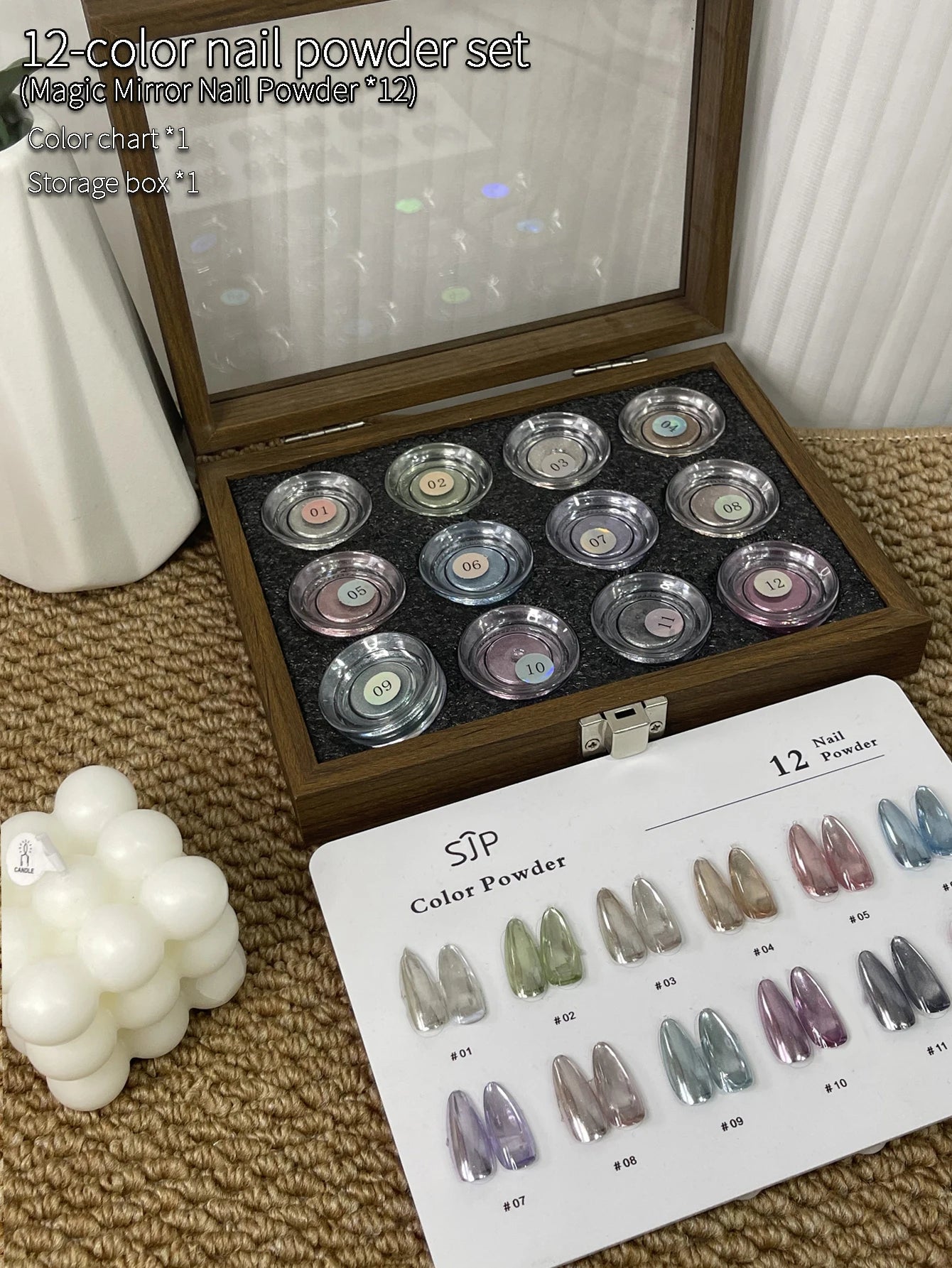 12-Color Fresh Magic Mirror Nail Powder Cards Storage Box DIY Art Qme