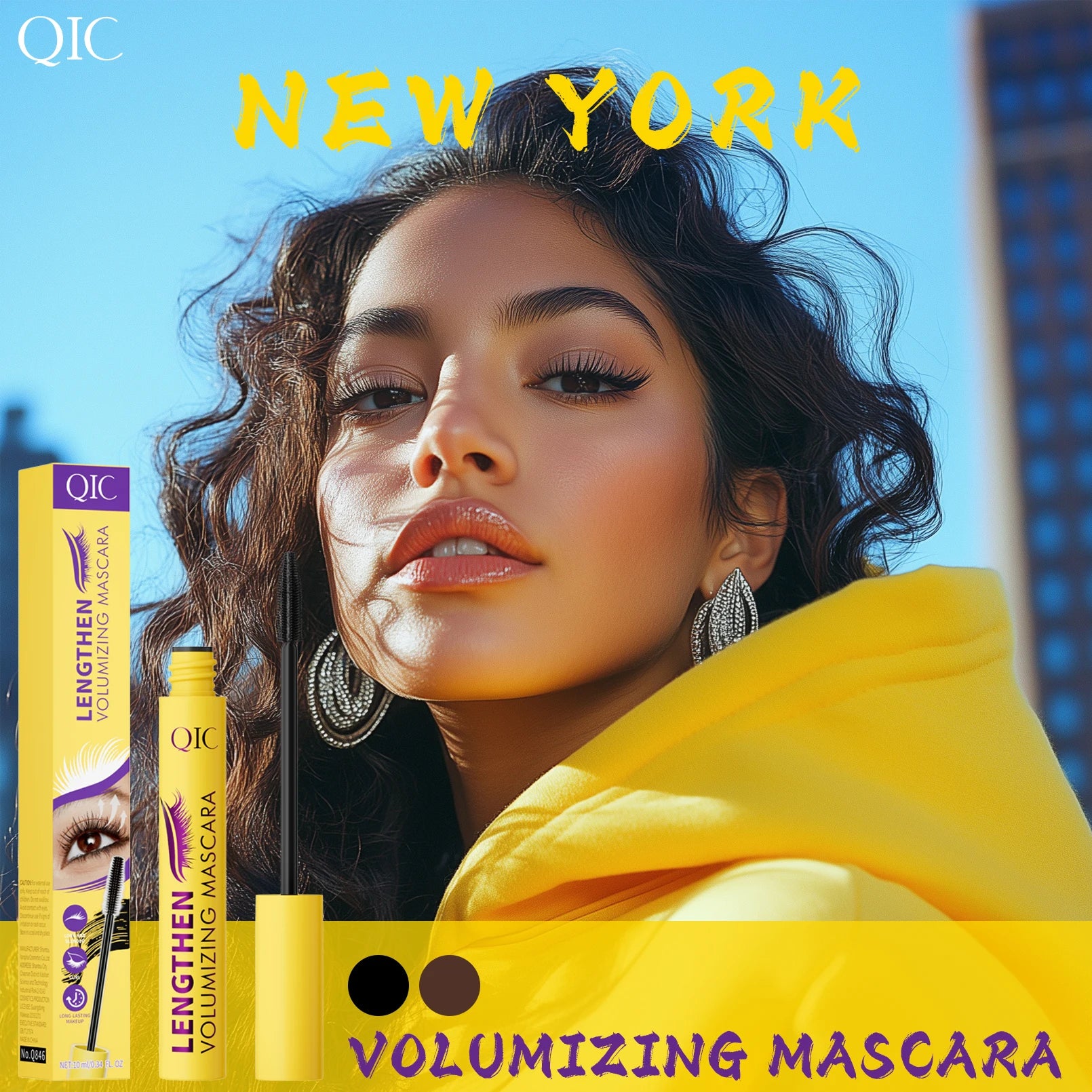QIC 4D Black Mascara Brown Mascara Thickening, Lengthening, Curling, Waterproof Liquid Fiber Mascara. Qme