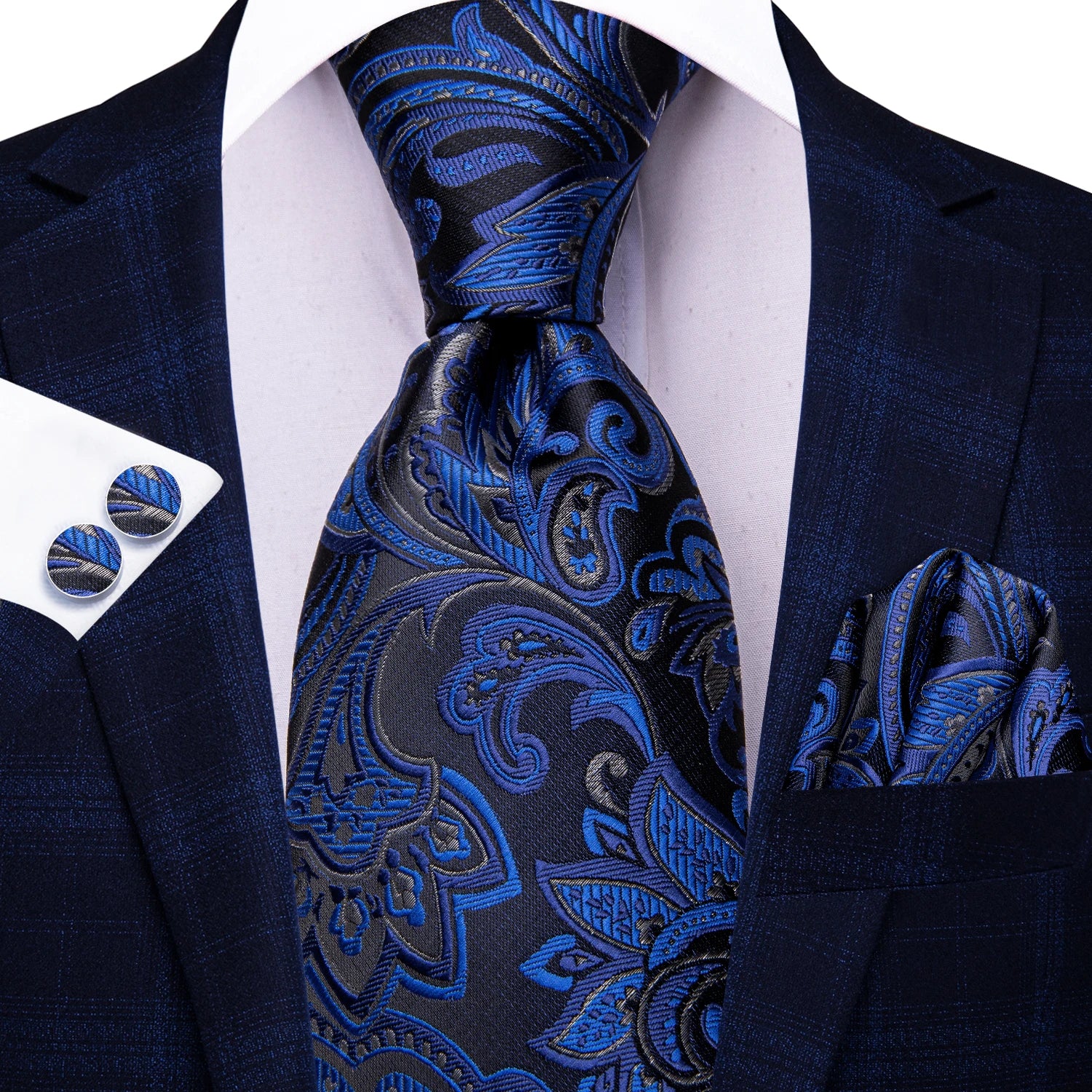 Hi-tie Fashion Black Grey Floral Mens Elegant Tie Handkerchief Qme N-3925