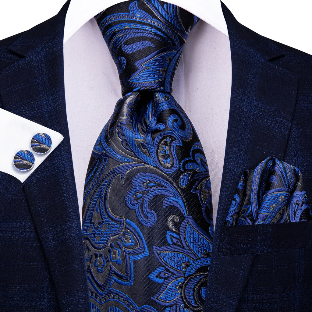 Hi-Tie Navy Blue Striped Plaid Fashion Mens Elegant Tie Handkerchief Cufflinks Set Wedding Party Accessories Gift for Men Gravat Qme N-3925
