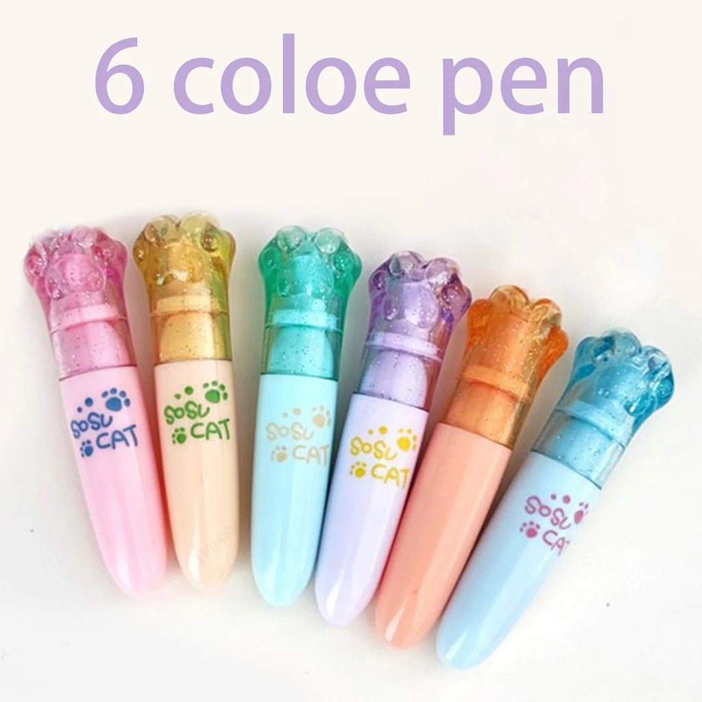 6Pcs Kawaii Mini Cat Claw Highlighter Pen Set Cute Fluorescent Marker Pen School Office Art Stationery Supplie Qme 6 colors