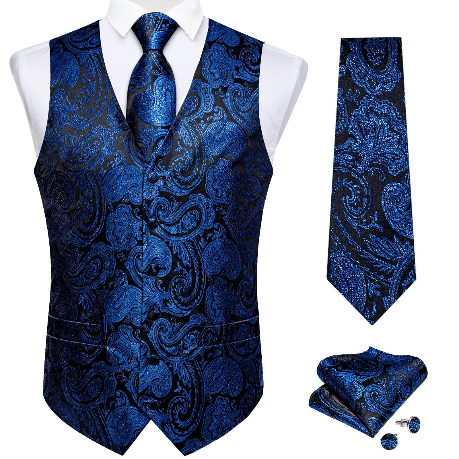 Men's Paisley Suit Vest Tie Formal Waistcoat Necktie Pocket Square Qme MJTZ0155 XXXL