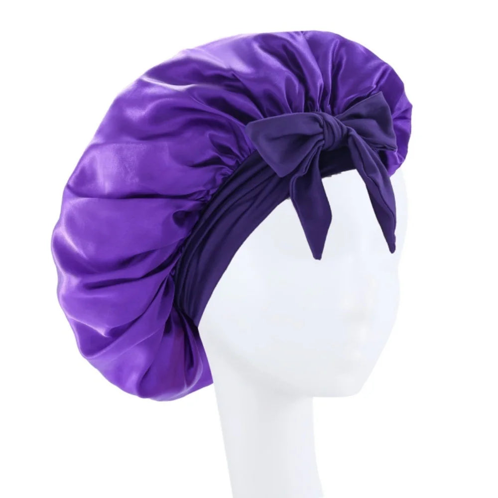 Satin Solid Hair Dye Cap With Stretchy Tie Band Elastic Night Shower Cap Adjustable Hair Head Cover Bonnet Turban For Women Men Qme PURPLE