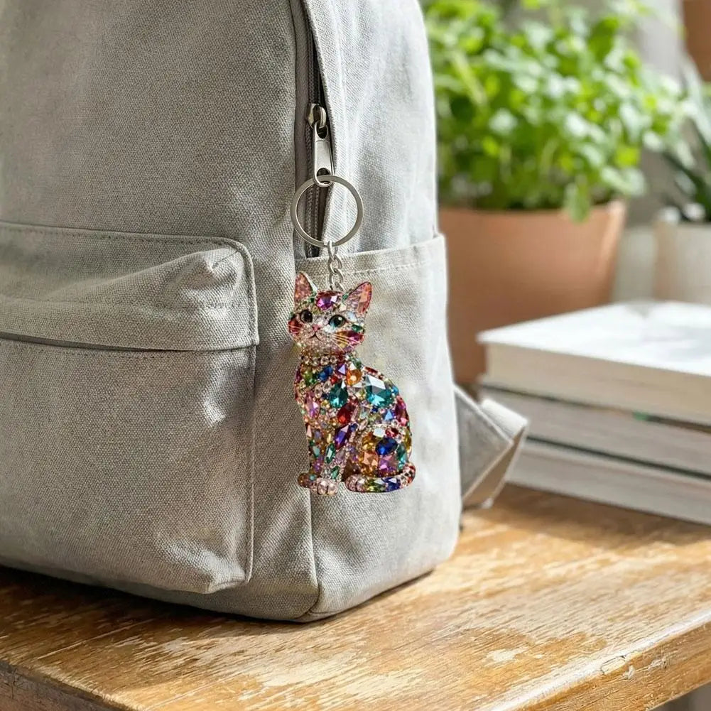 Cute Rhinestone Cat Keychain Mini Acrylic Bling Kitten Hanging Qme