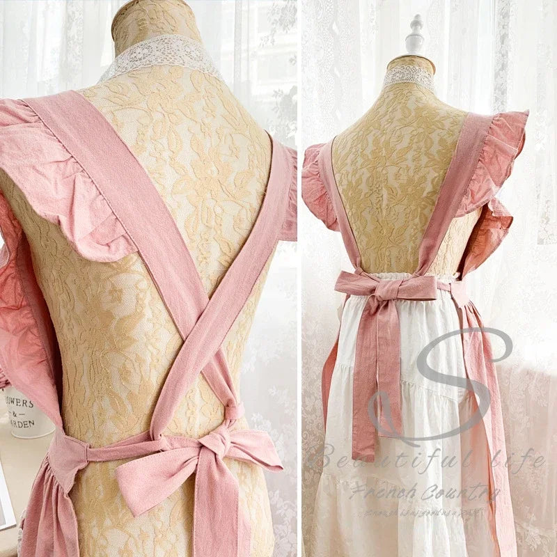 Female Women Apron Cotton Linen Aprons Dress Garden Cafe Kitchen Cooking Florist Palace Style Vintage Fashion Dress Aproning Qme