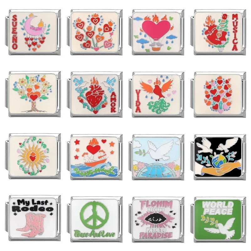2026 New Wholesale World Peace Dove Love Heart Birds Italian Charm Fit 9mm Stainless Steel Bracelet Making Women Jewelry Gift s Qme