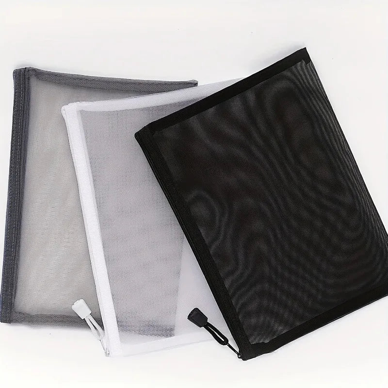 2-Piece Nylon Zipper Mesh Bag Set - Multifunctional Travel Storage Bag and Cosmetic Bag - Durable, A5 Size - Black, White, Grey Qme