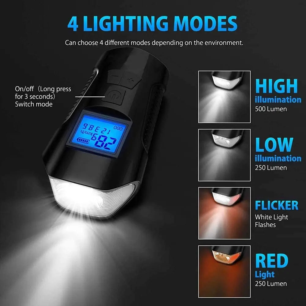 Bike Light Set,Bicycle Headlight with Horn and Speedometer Odometer,USB Rechargeable Bike Front Light and Tail Light Qme