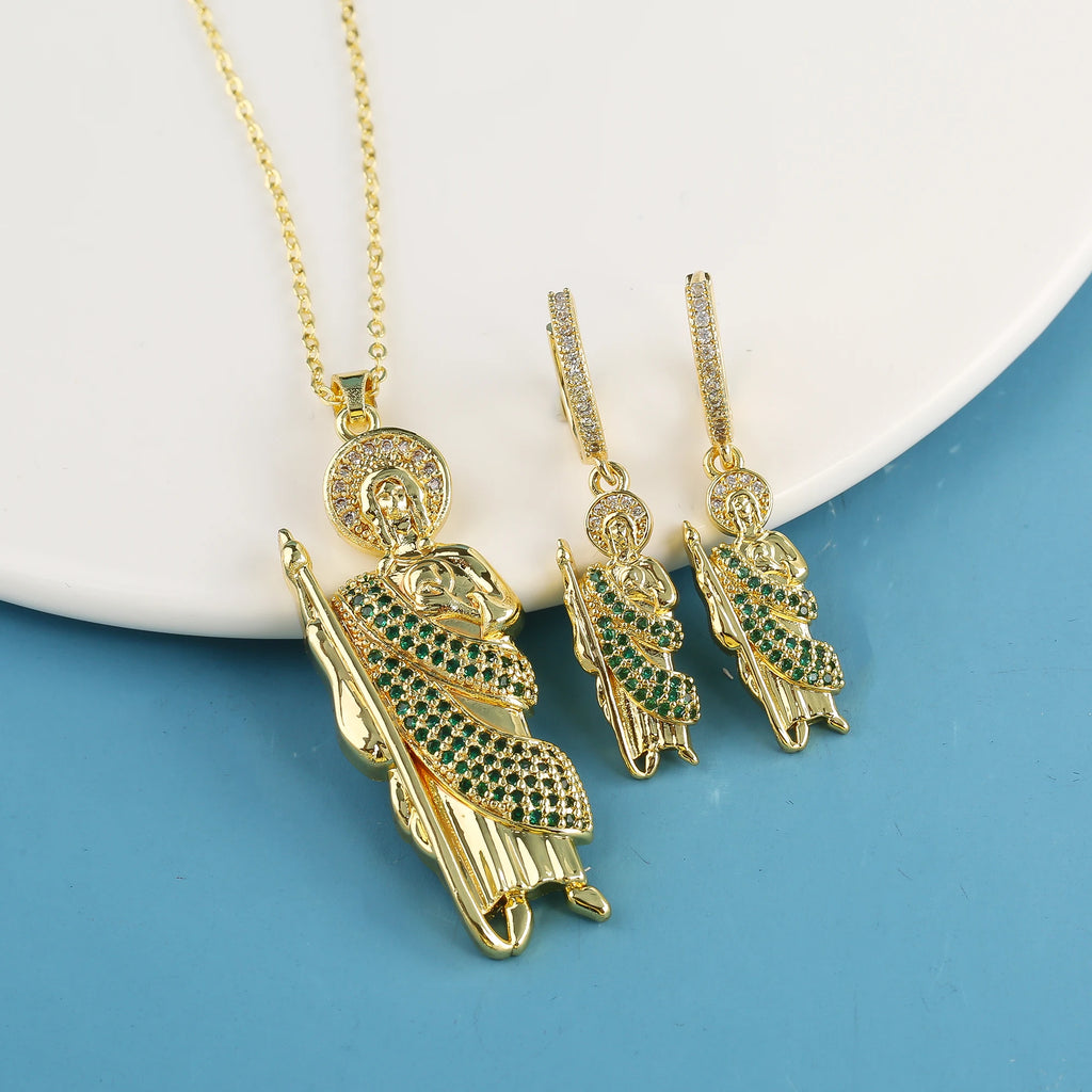 3PCS Religious San Judas Jewelry Set Necklace Earrings Simple for Woman Girl Party Wedding Zirconia Jewelry Gift Daily Wear Qme Jewelry Set 1