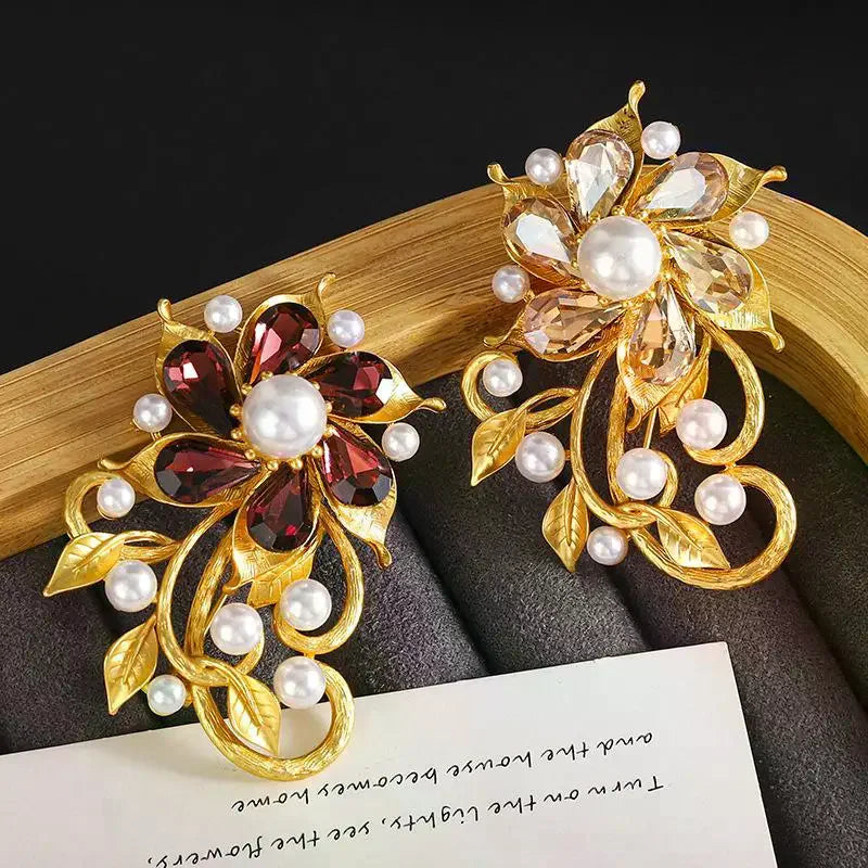 Retro Rhinestone Flower Brooches For Women Unisex 2-color Alloy Plants Party Casual Brooch Pins Gifts Qme