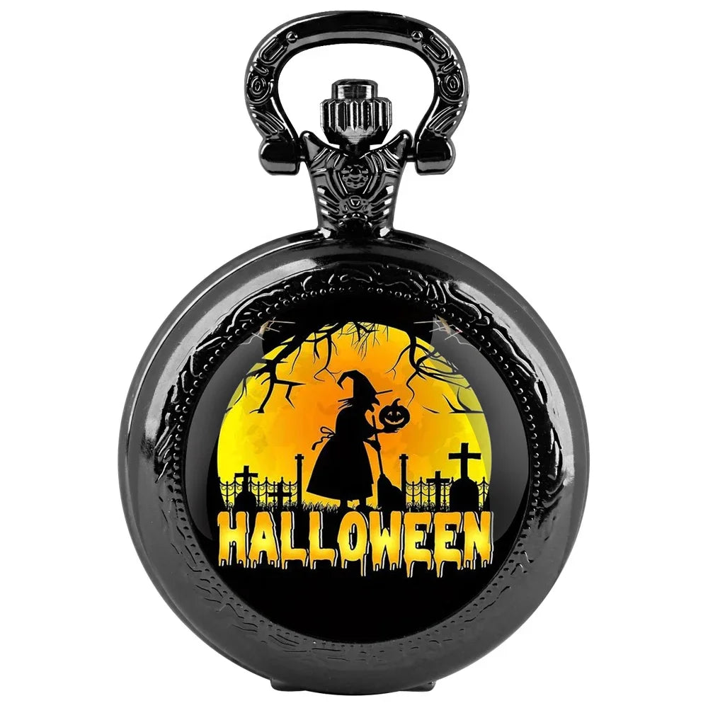 Black quartz pocket watch with Halloween glass dome, Arabic numeral dial and durable chain Qme black