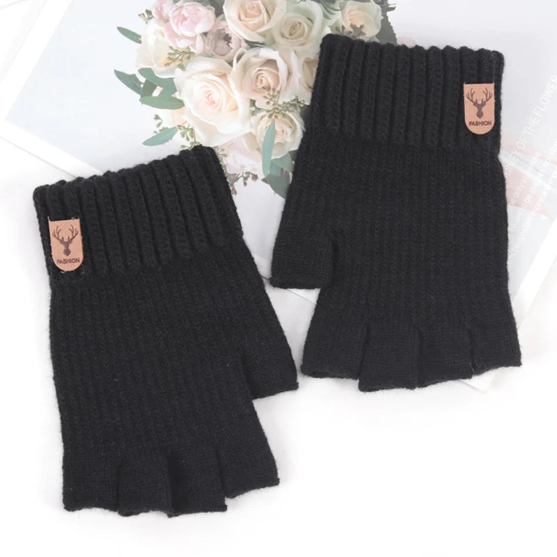 Black Winter Thick Elastic Knitted Gloves Warm Writting Office Cycling Fingerless Glove for Men Women Touchscreen Work Gloves Qme black