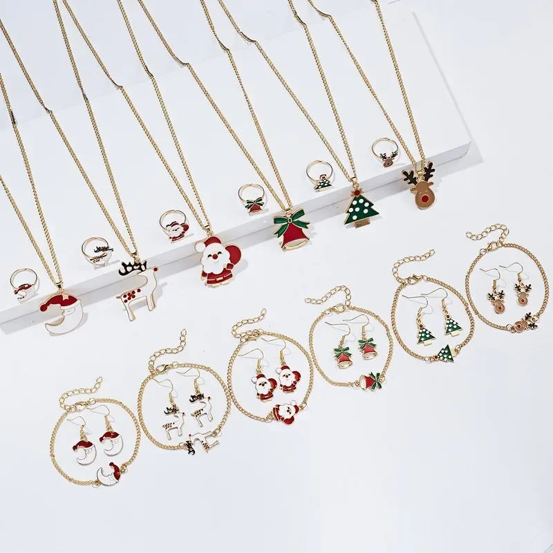 4PCS/Set Christmas Women Alloy Jewelry Set Santa Elk Bell Earrings Necklace Bracelet Decor Xmas Accessories Gift for Girl Women Qme