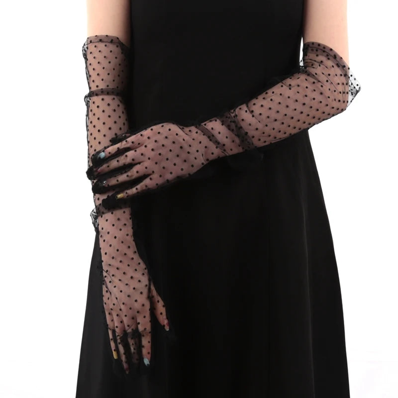 Women Sexy Lace Black Gloves Gauze Wavy Dot Mittens Fashion Sunscreen Breathable Bridal Wedding Etiquette Long Fishnet Gloves Qme F2