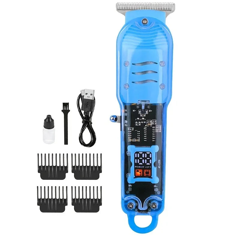 Transparent Body Electric Hair Clipper Professional Trimmer USB Rechargeable Hair Cutting Machine For Men Holiday Gift For Him Qme Blue
