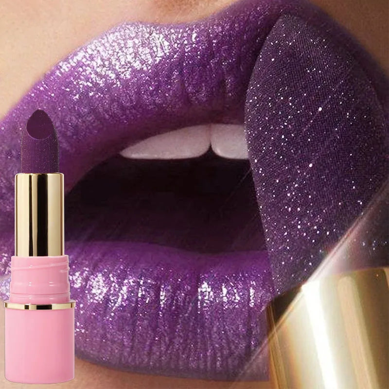 8Colors Glitter Lipstick Waterproof Lasting Diamond Pearlescent Metallic Gloss Lipstick Purple Lipgloss Lips Makeup Cosmetics Qme