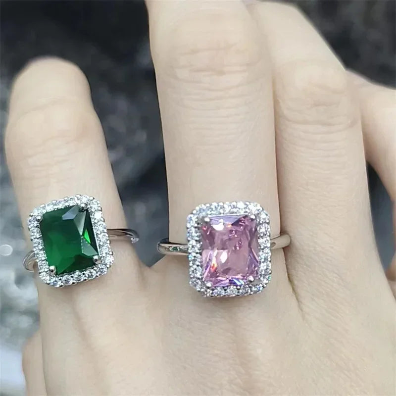 Luxury Elegant Sparkling Emerald Open Zircon Ring for Women Adjustable Luxury Silver Color Inlaid Square Green Pink Zircon Rings Qme